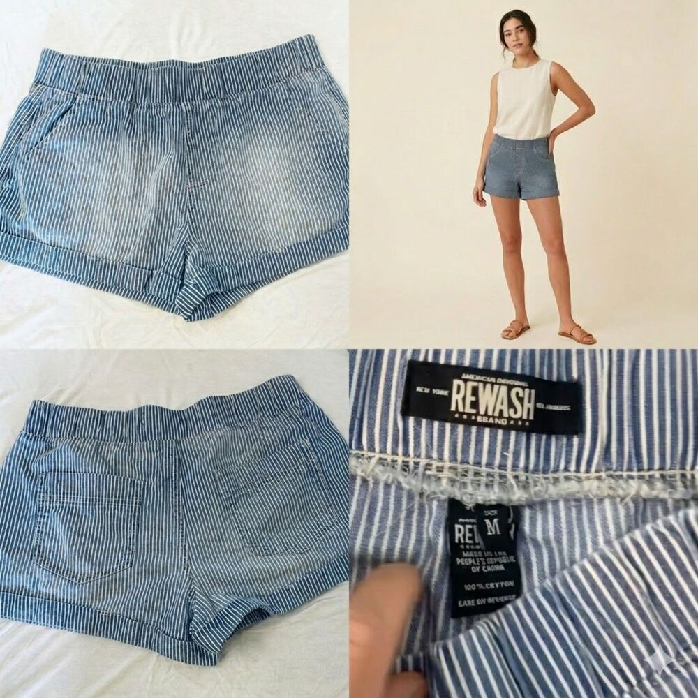 Rewash Coastal Pinstripe Shorts Paperbag Waist Cuffed Cotton Blue White M Y2K - Picture 6 of 6